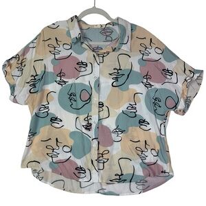 Sunburst Kiss Abstract Faces Print Button-Up Blouse Women’s‎ XL